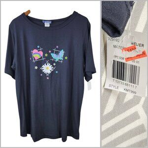 Vintage New 90s Y2K T-Shirt Top Size Large Rainbow Heart Butterfly Flower Black